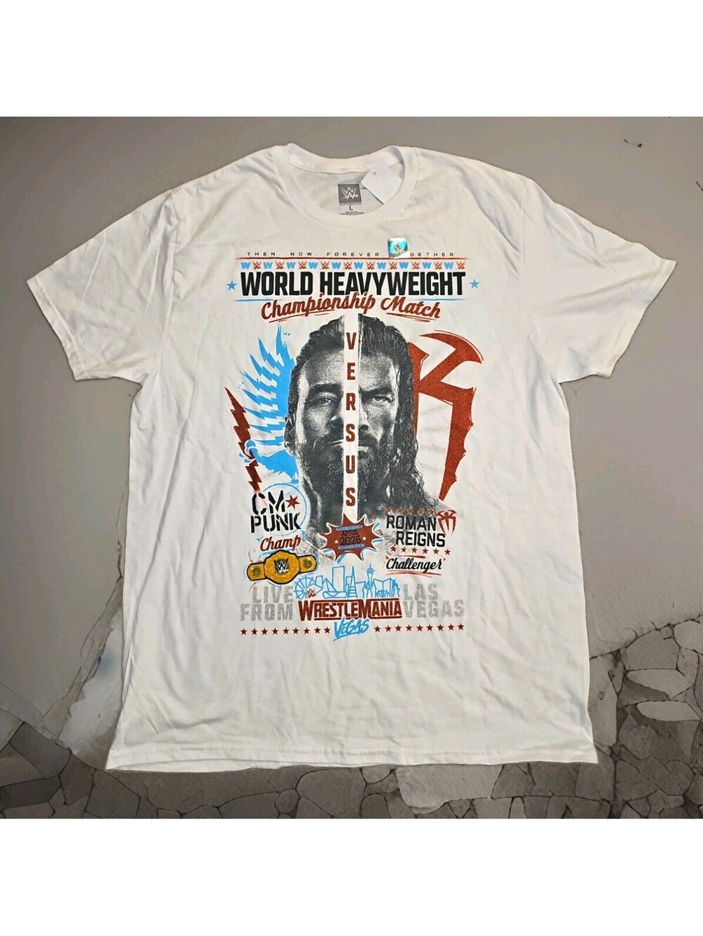 WWE Authentic WrestleMania CM Punk vs Roman Reigns T-Shirt White L